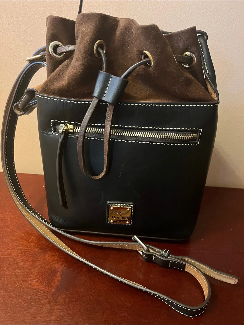 Dooney & Bourke Black Leather and Brown Suede Drawstring Bucket Messenger